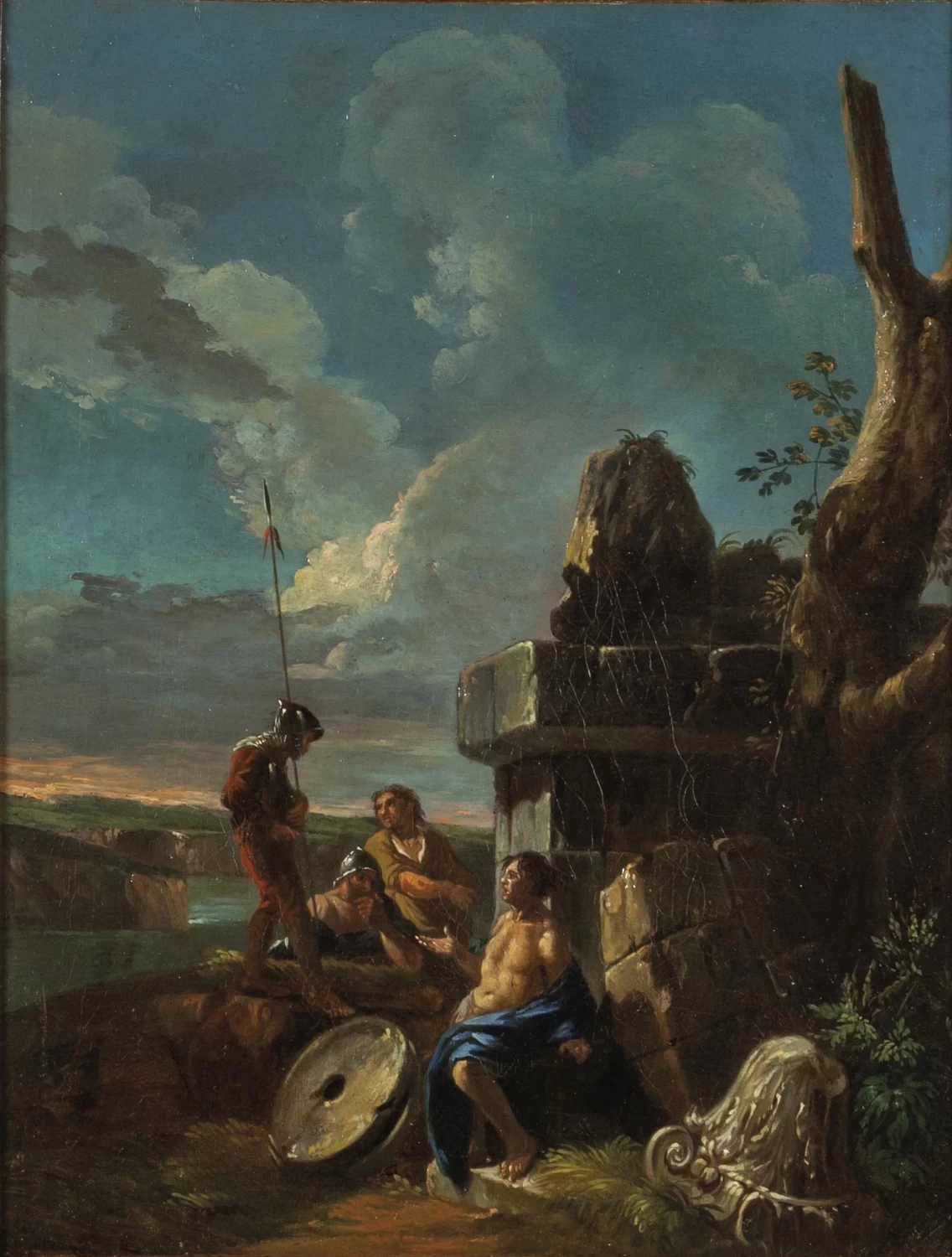 Paesaggio animato con armigeri e prigioniero
